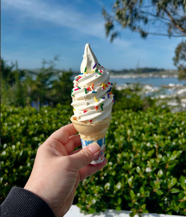Soft serve cone with sprinkles in front of the bay